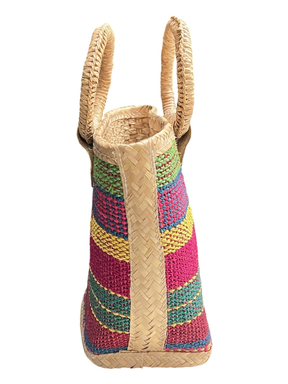 Vintage Woven Straw Tote Bag Top Handle Basket Purse Multi Color Stripe Boho - Picture 6 of 8
